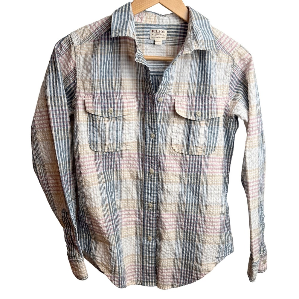 Filson Women Plaid Shirt S Cotton Linen Seersucker Button Down Cream Navy Orchid